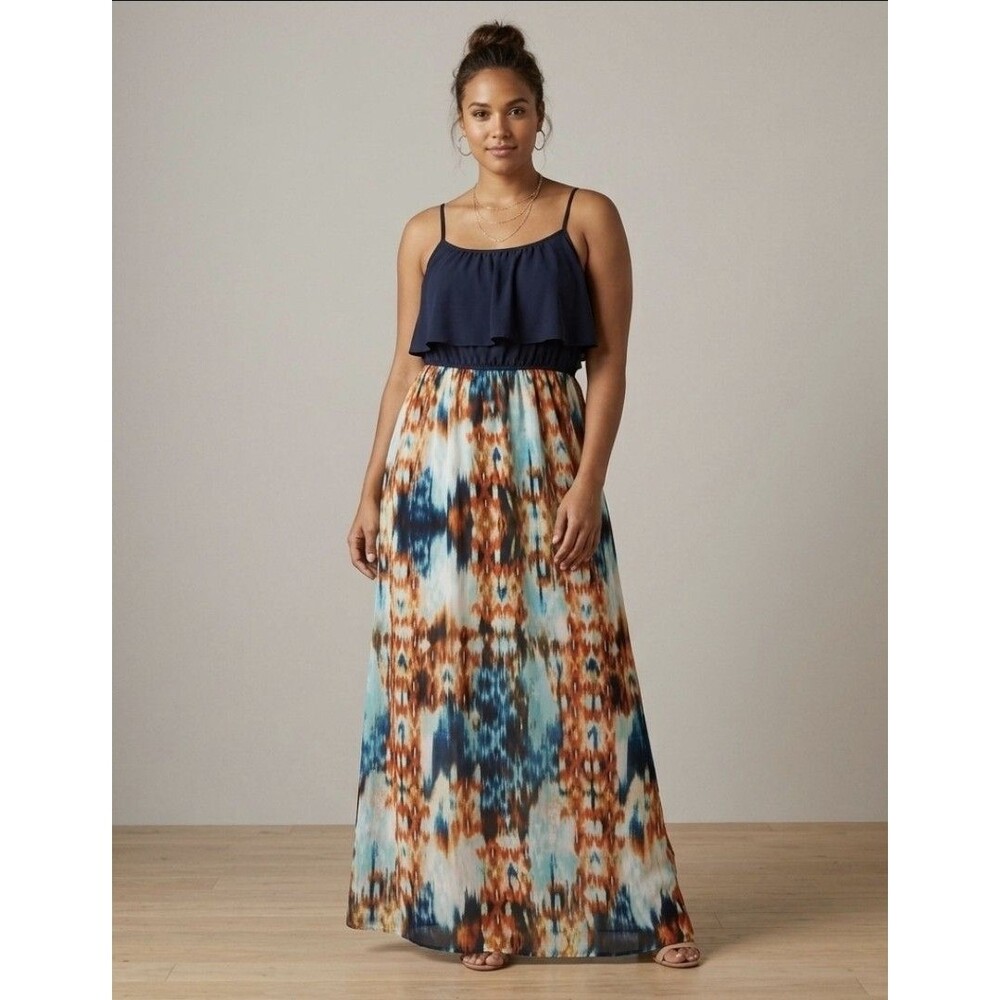Sweet Storm Dress Women Size Small Sleeveless Orange Black Maxi Gauzy Ruffle